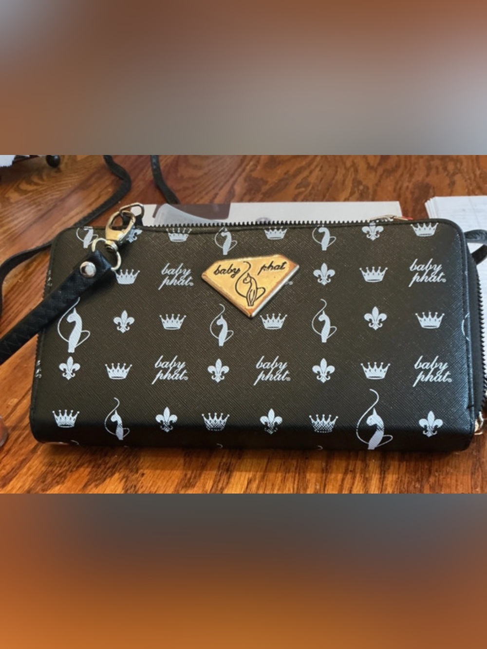 Baby Phat Black and White Logo Wristlet with Gold Accent